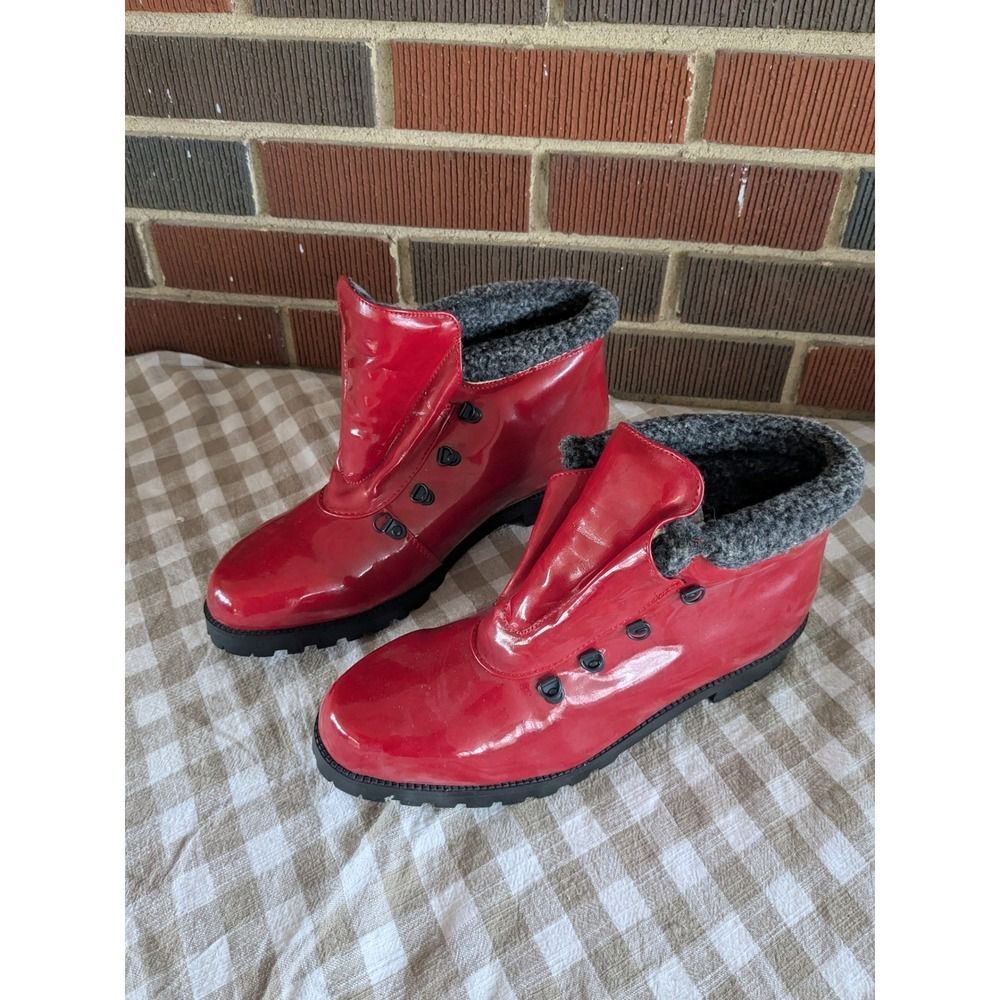 Shiny Red Faux Patent Leather Ankle Boots with Grey Faux Fur Trim